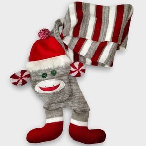 Sock Monkey Winter Muffler One Size Brown Red 3' Holiday Christmas Classic Scarf